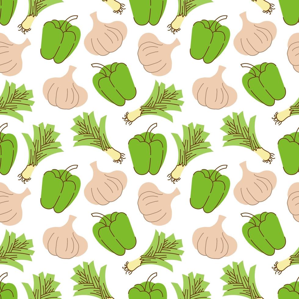 Seamless pattern with garlic, peppers, lemongrass on a white background. Vector illustration of ingredients for food background in a flat doodle style.