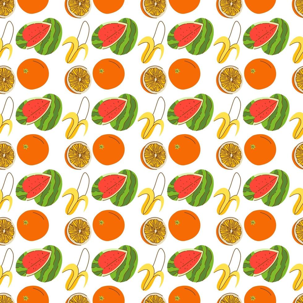 elementos de fruta de envoltura perfecta. sandía de fruta de estilo retro, plátano, patrón transparente naranja vector