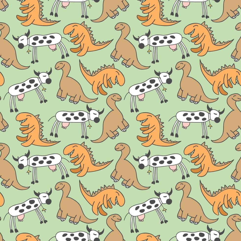 pattern seamless kids with dino doodle element. Hand drawn dinosaurs and tropical leaves. Cute funny cartoon dino seamless pattern. Hand drawn vector texture for kids design. Vector illustration