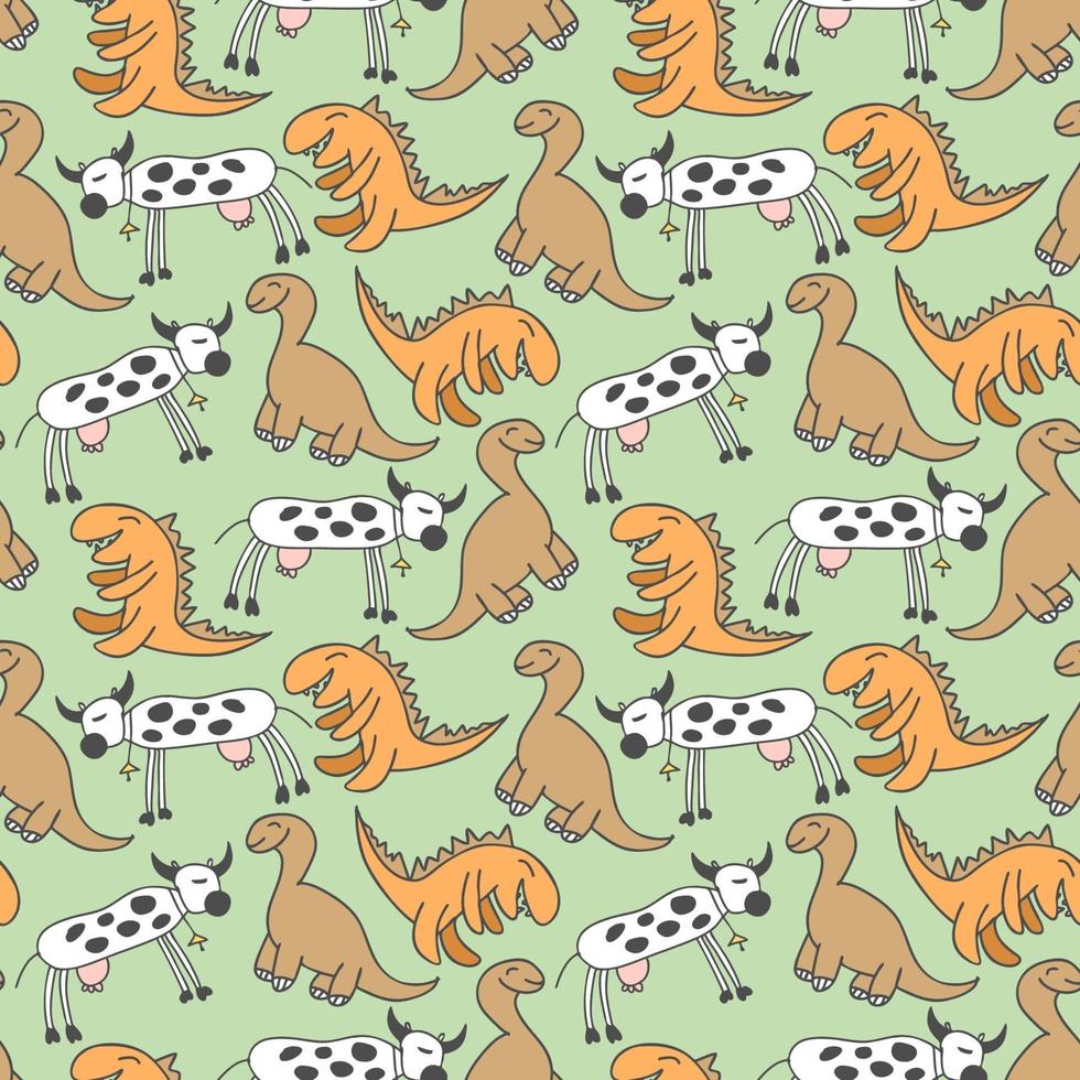 pattern seamless kids with dino doodle element. Hand drawn dinosaurs and tropical leaves. Cute funny cartoon dino seamless pattern. Hand drawn vector texture for kids design. Vector illustration