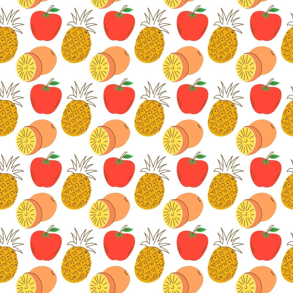 Ilustración de vector dibujado a mano - patrón transparente con coloridas frutas y bayas de doodle. Fondo decorativo original para su diseño, textil, envoltura.