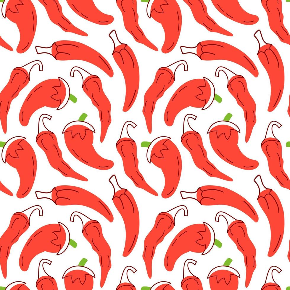 red chilli Seamless pattern with on a white background. Vector illustration of ingredients for food background in a flat doodle style.