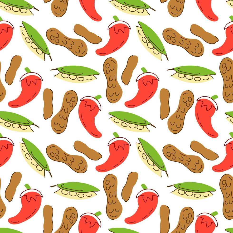 Seamless pattern vegetables with elements of chili, Bay leaves, peanuts Vector illustration