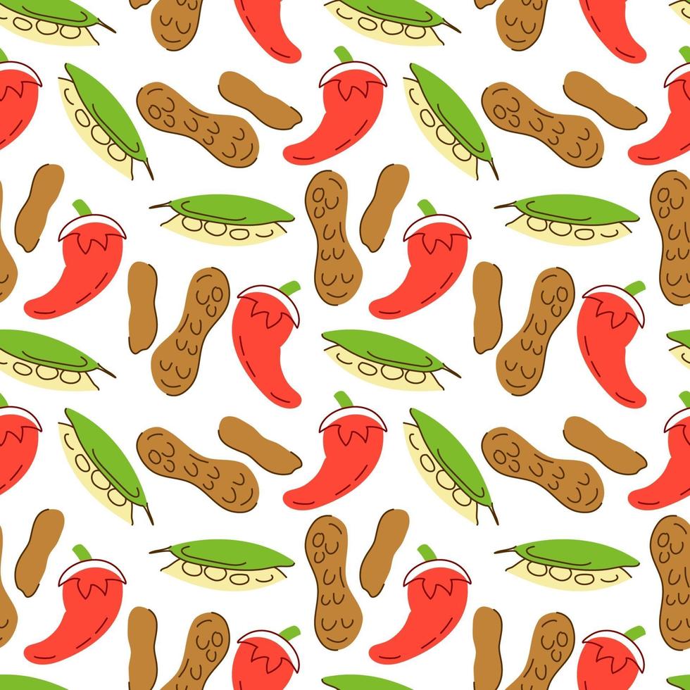 Seamless pattern vegetables with elements of chili, Bay leaves, peanuts Vector illustration