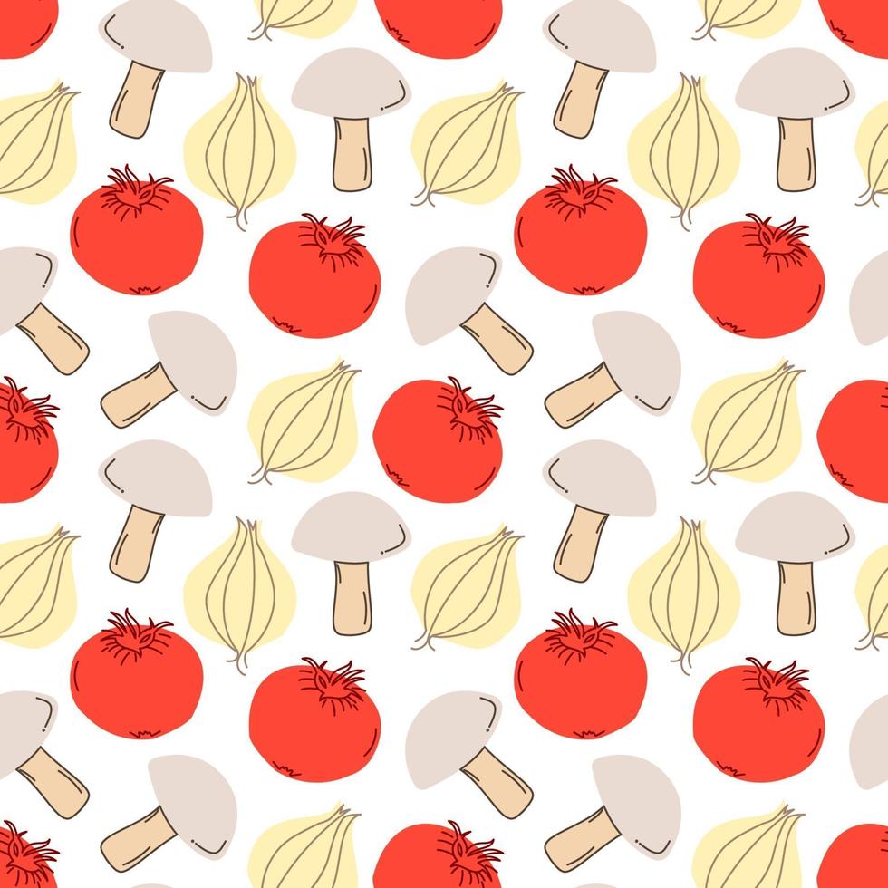 Seamless pattern vegetables with elements of mushrooms, tomatoes, garlic. Vector illustration