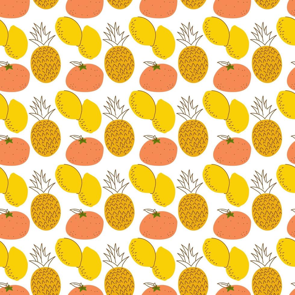 fruit pattern with coloring, lemons, pineapples, orange. Cartoon fresh fruits in flat style. Strawberry, banana, apple, pineapple, cherry, lemon. Seamless pattern. vector