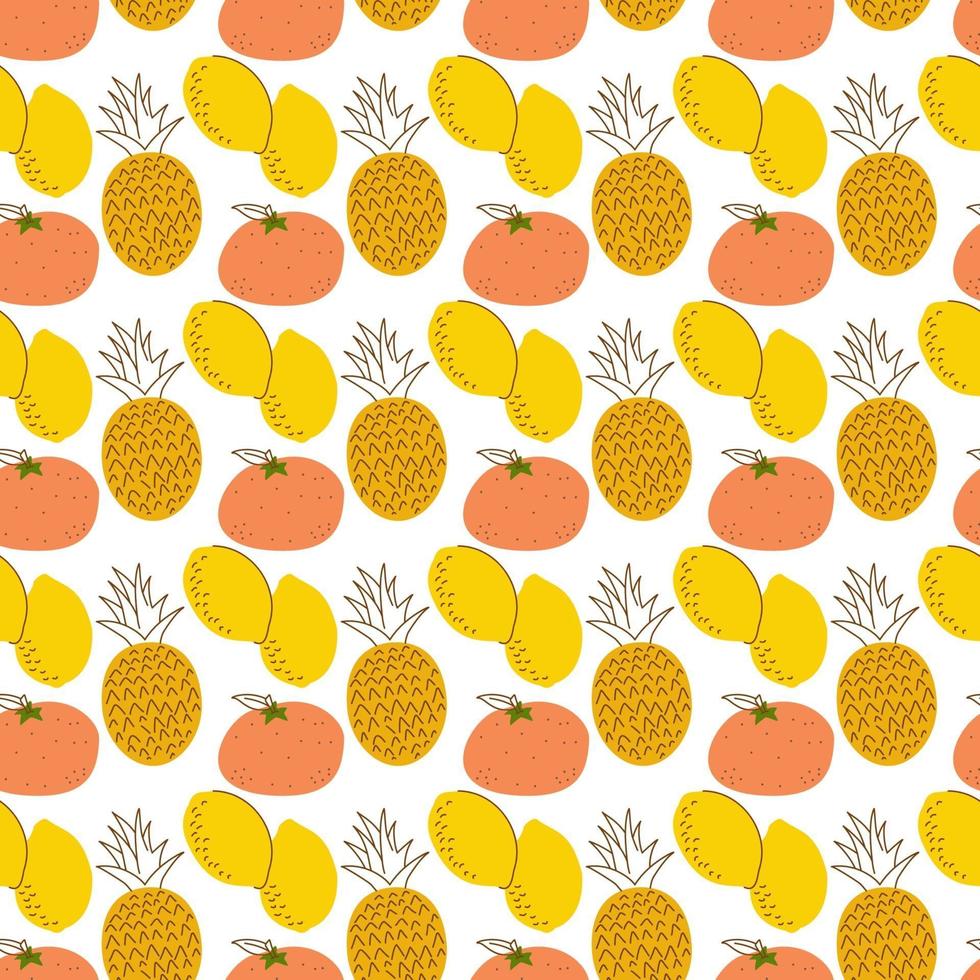 patrón de frutas con colorante, limones, piñas, naranja. dibujos animados de frutas frescas en estilo plano. fresa, plátano, manzana, piña, cereza, limón. patrón sin costuras. vector