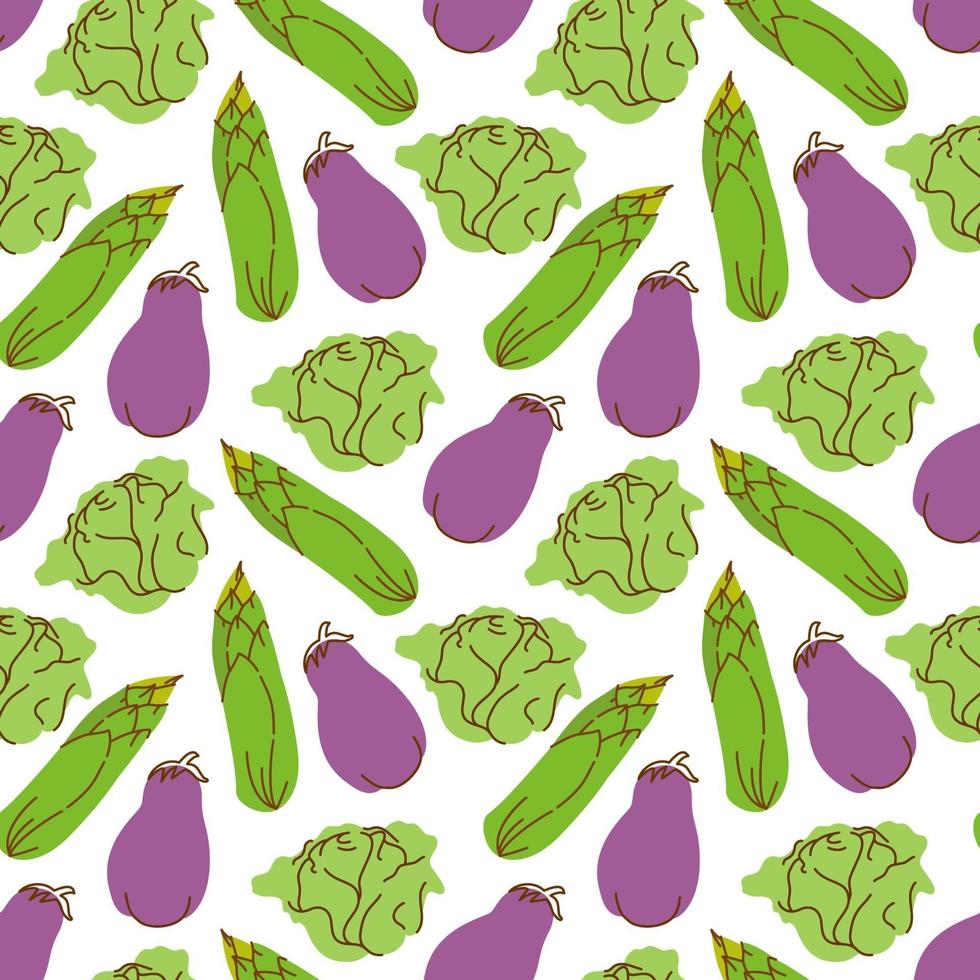 Seamless pattern vegetables with elements of eggplant, corn, cabbage Vector illustration