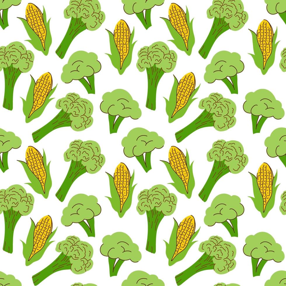 vegetable pattern with composition Corn cobs and broccoli element. Perfect for food background, wallpaper, textile. Vector illustration