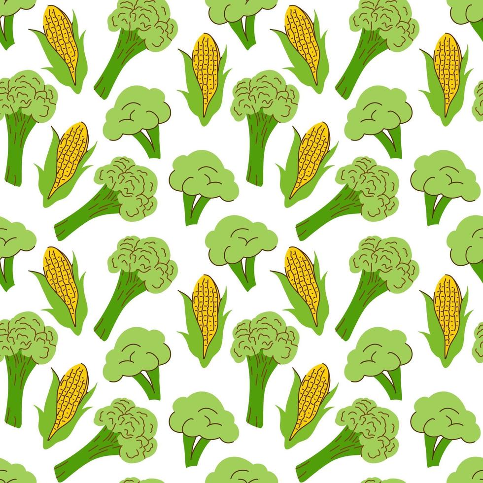 vegetable pattern with composition Corn cobs and broccoli element. Perfect for food background, wallpaper, textile. Vector illustration