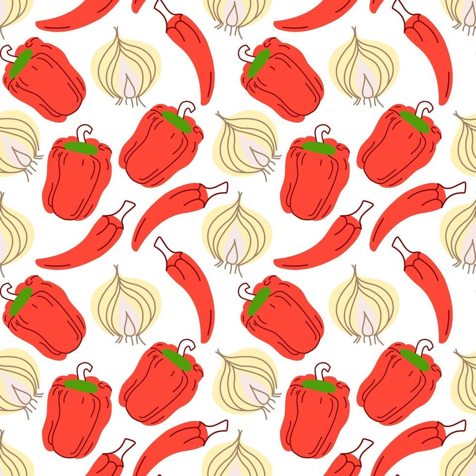Seamless pattern with garlic, chili peppers, paprika on a white background. Vector illustration of ingredients for food background in a flat doodle style.