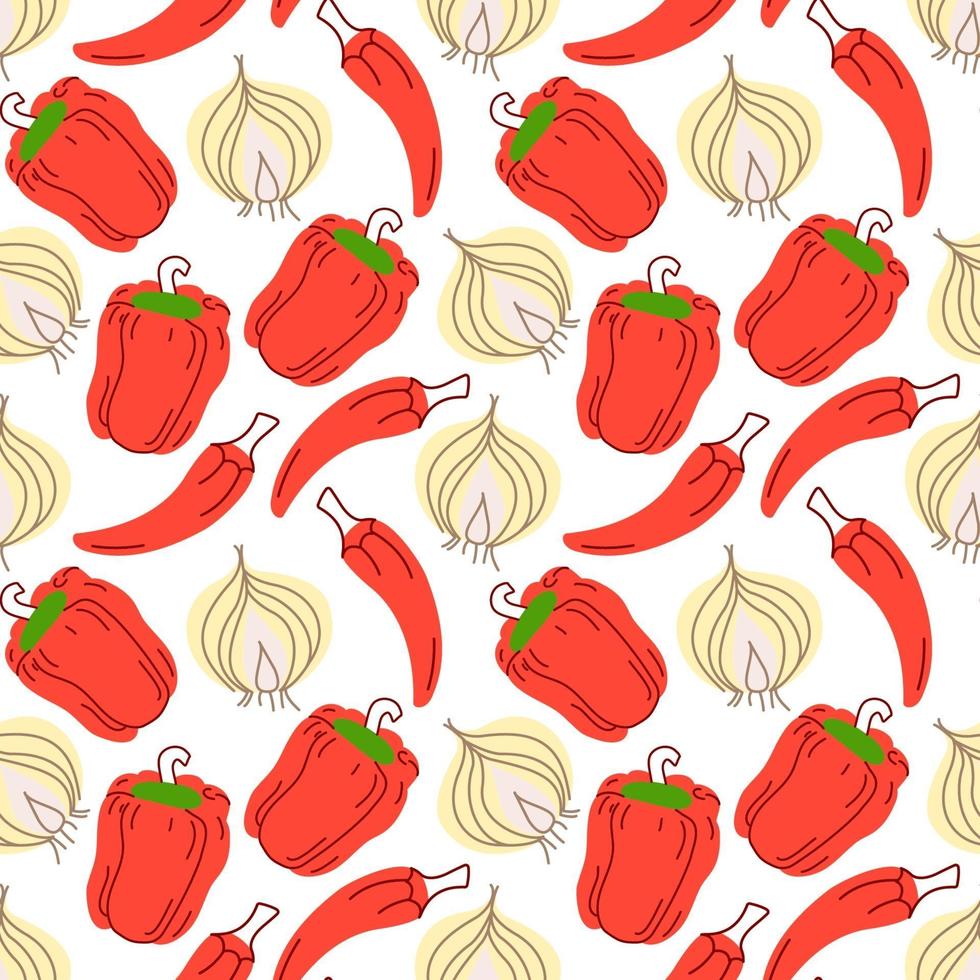 Seamless pattern with garlic, chili peppers, paprika on a white background. Vector illustration of ingredients for food background in a flat doodle style.