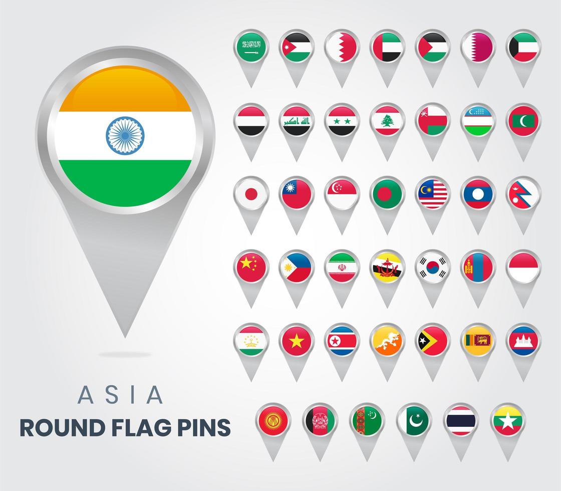 Asia Round Flag Pins, Map Pointers vector