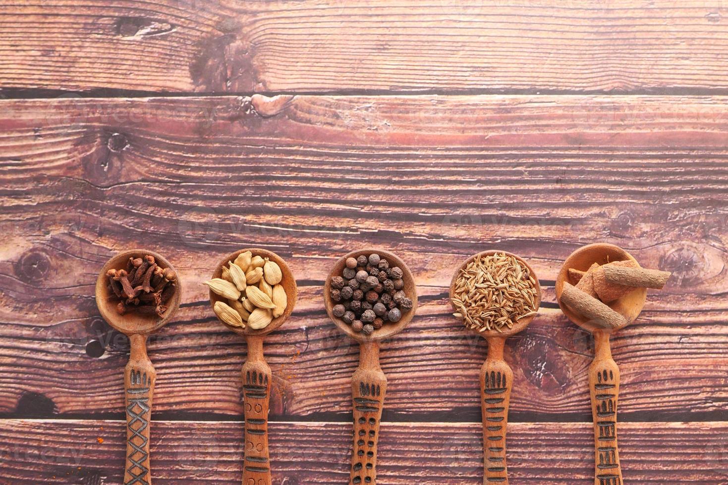Spices and herbs in a spoon photo