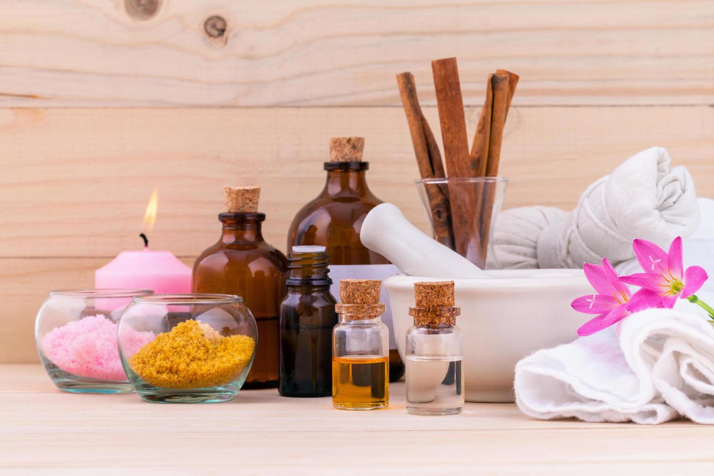 Aromatherapy and natural spa theme on wooden background photo