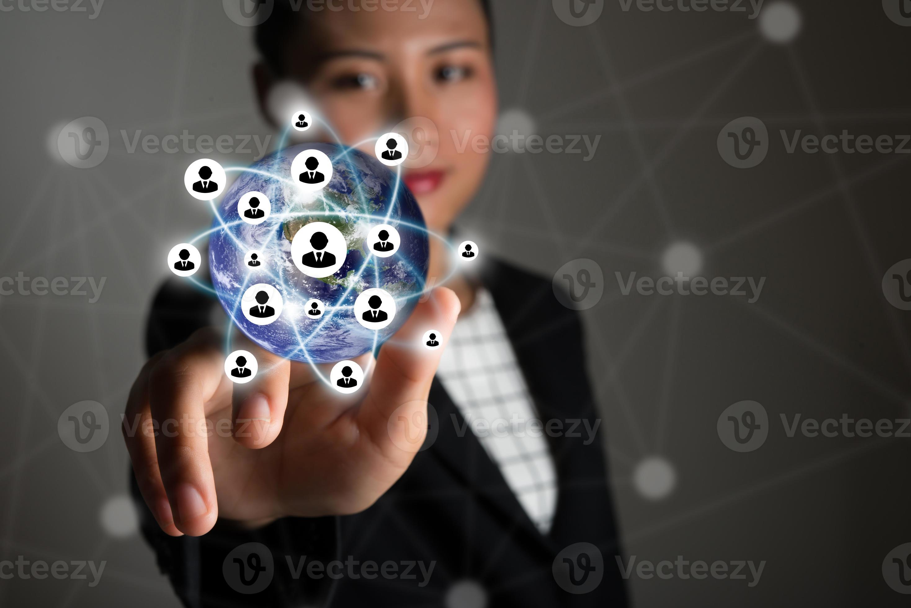 Business woman touching modern technology interface with 3D icons ...