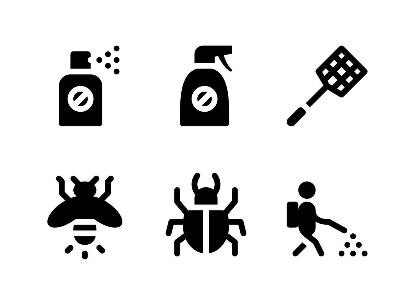 conjunto simple de iconos sólidos vectoriales relacionados con el control de plagas. contiene iconos como spray, matamoscas, luciérnagas, escarabajos y más. vector