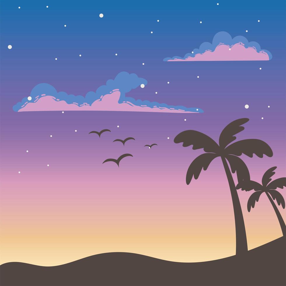 Cartoon sunset sky with tropical palm trees vector