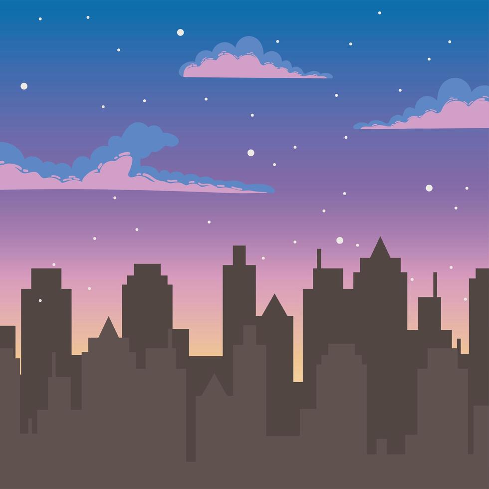 cielo al atardecer de dibujos animados con silueta de edificios urbanos vector