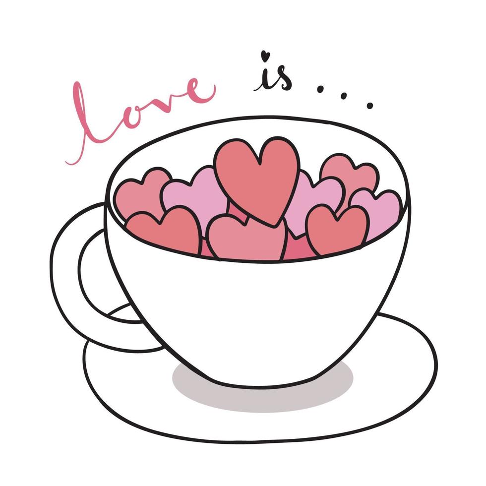 Dibujar a mano dibujos animados lindo día de San Valentín. corazones en taza de vector de café.