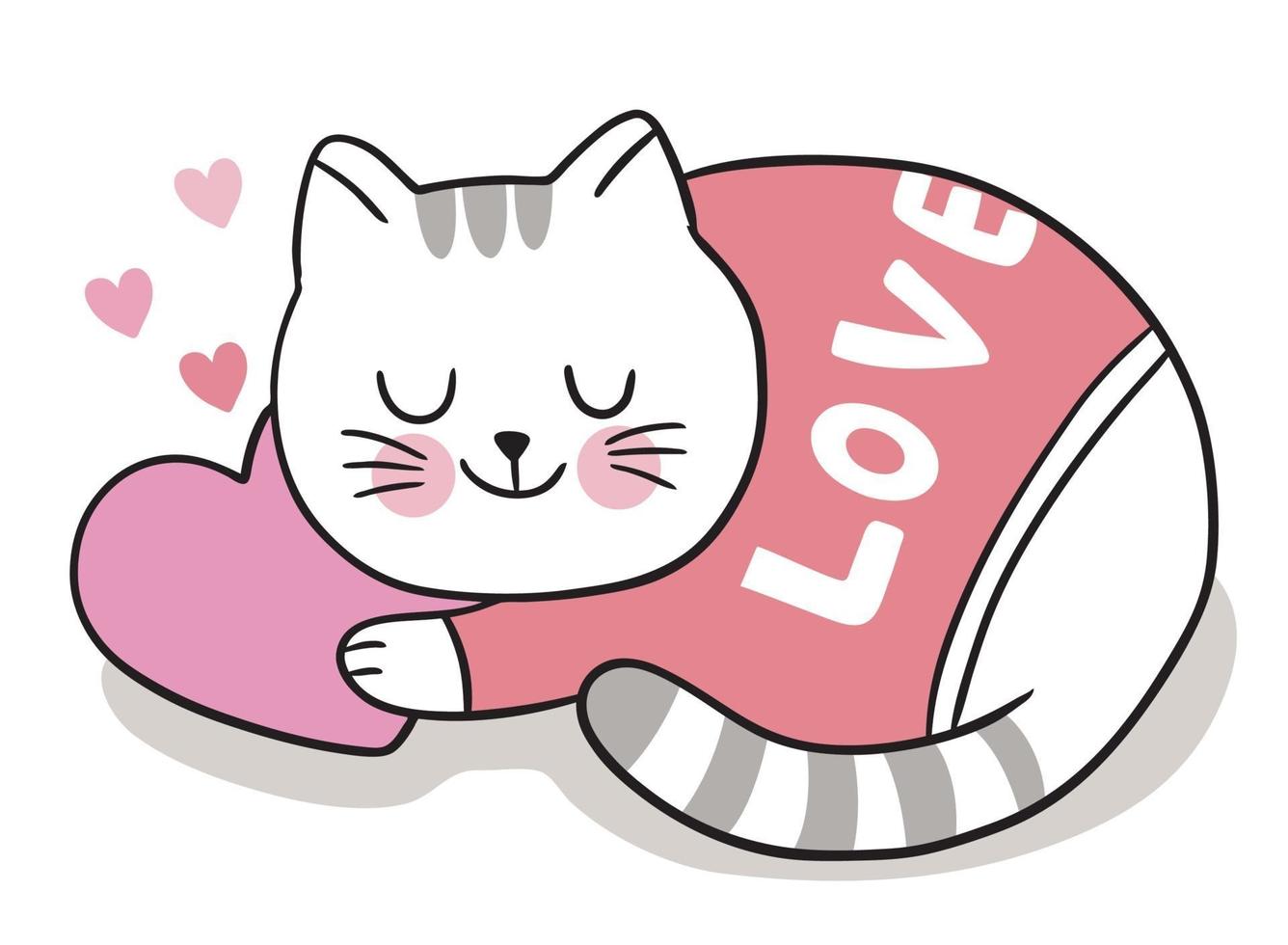 Hand draw cartoon cute Valentine day. Sleepy cat on heart vector. vector