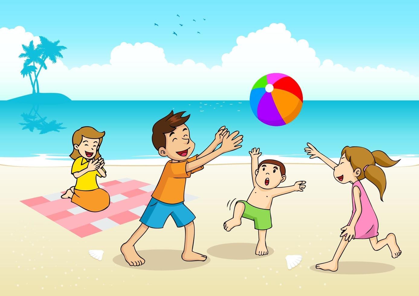 ilustración de dibujos animados de una familia haciendo un picnic en la playa vector