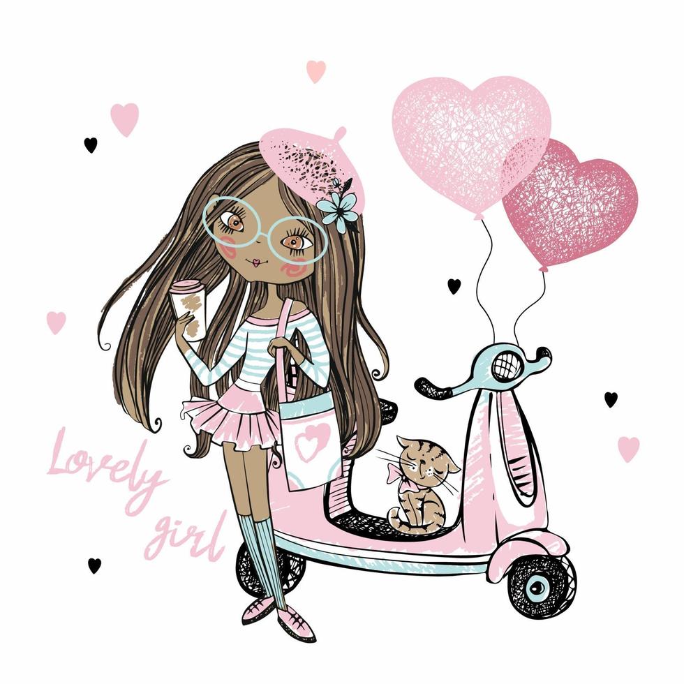 A cute dark-skinned teen girl in a pink beret stands next to her scooter with heart balloons. Valentine's day cards. Vector. vector
