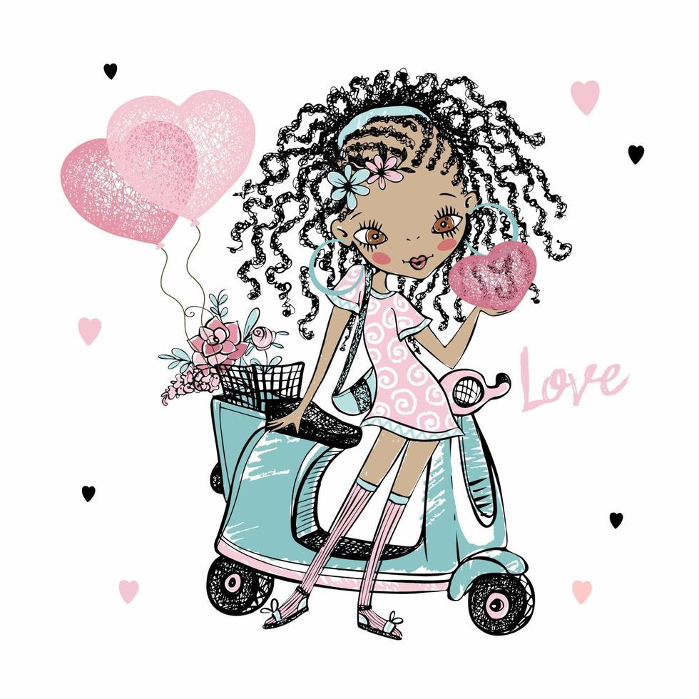 Linda chica adolescente de piel oscura con rastas se encuentra cerca de su scooter con corazones de globos. tarjeta de san valentin. vector. vector