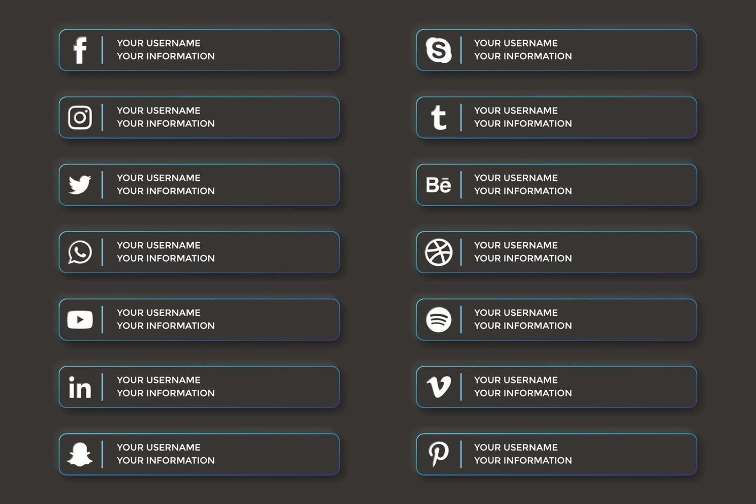 Tercios inferiores de redes sociales en estilo de botones de interfaz de usuario oscuros vector