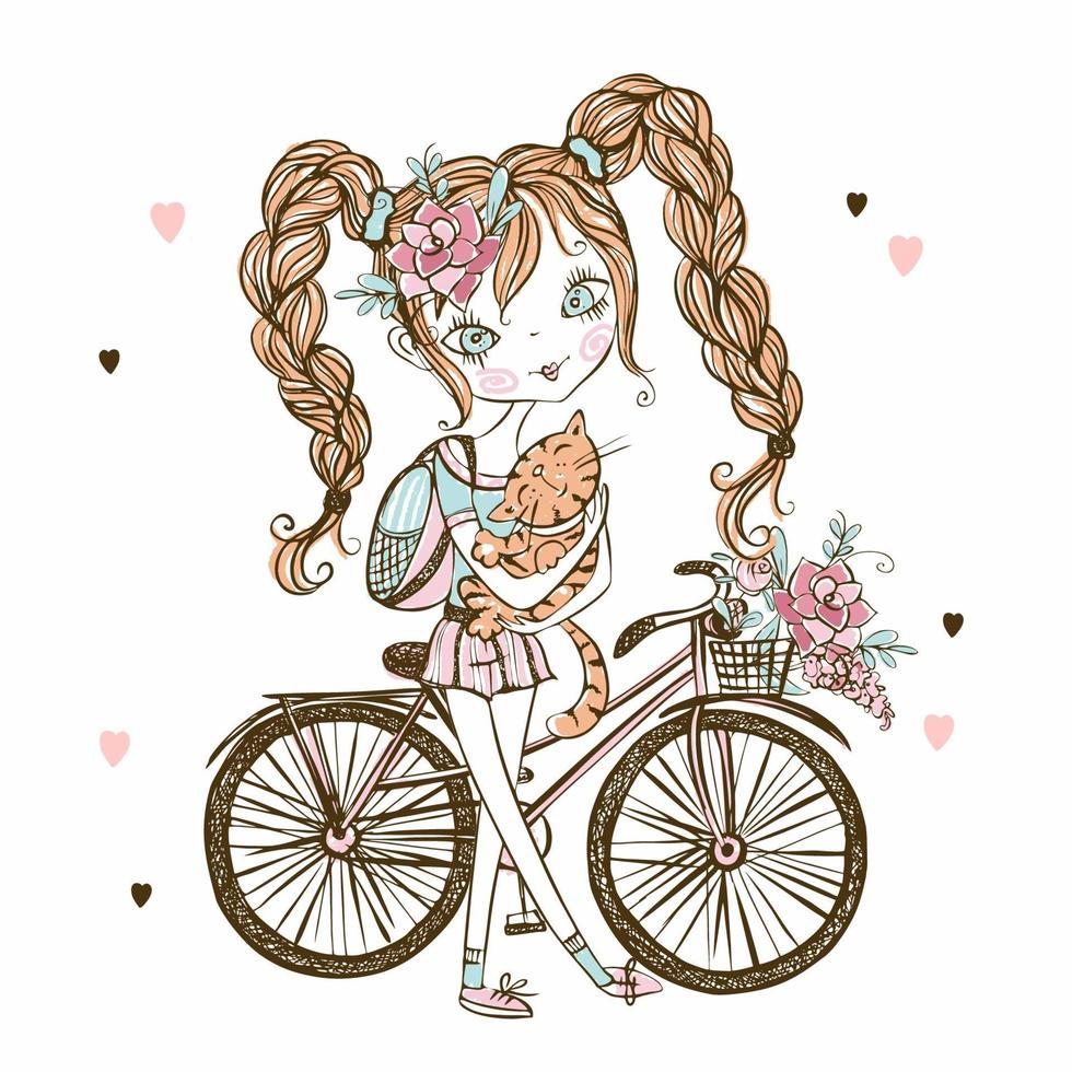 linda chica adolescente fashionista con gato, bicicleta. mi vida. vector. vector