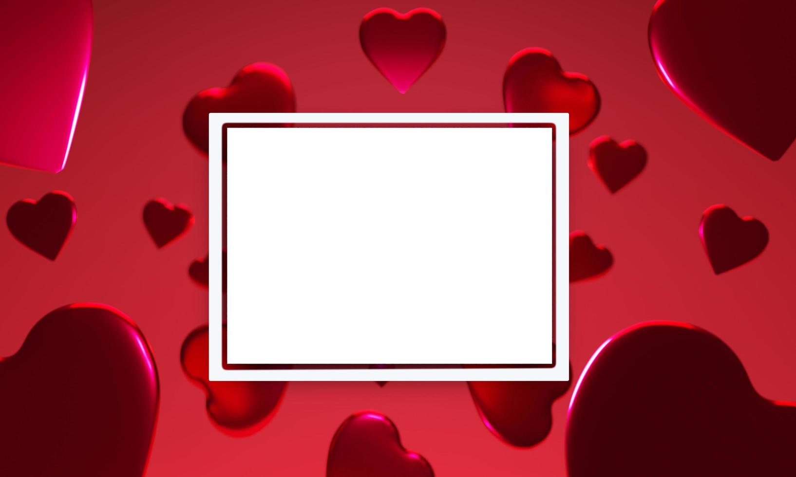 3D red heart shape background with a white square frame template photo