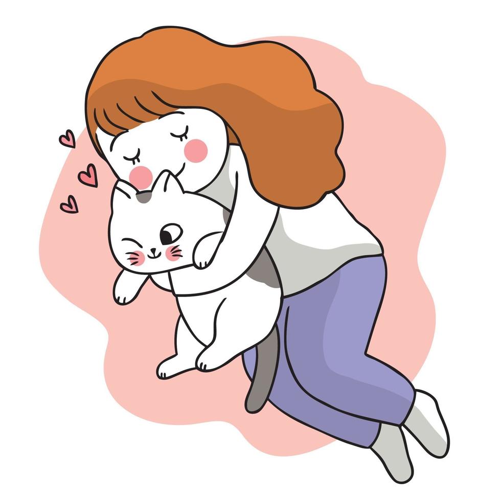 mujer abraza gato, mano dibujar dibujos animados lindo vector. vector