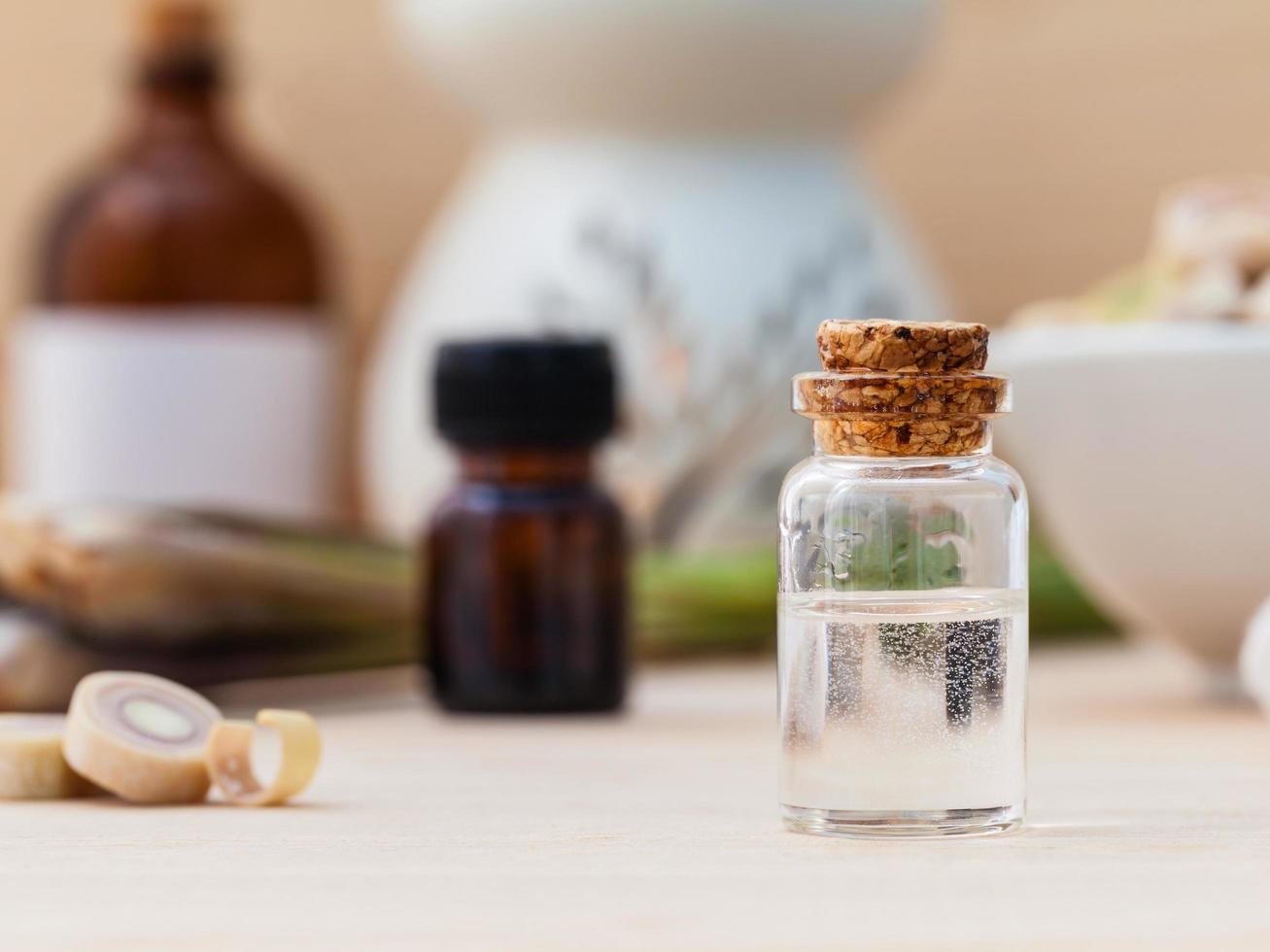 Close-up of essential oil bottles photo
