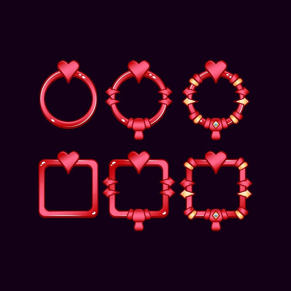 set of game ui border frame with heart symbol for gui asset elements vector