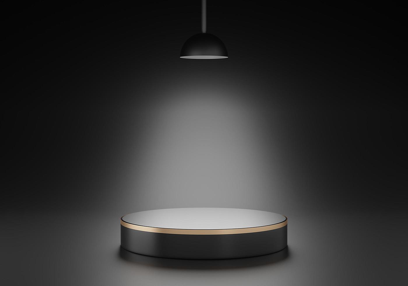 3d rendering of black pedestal podium with a gold ring on black background photo