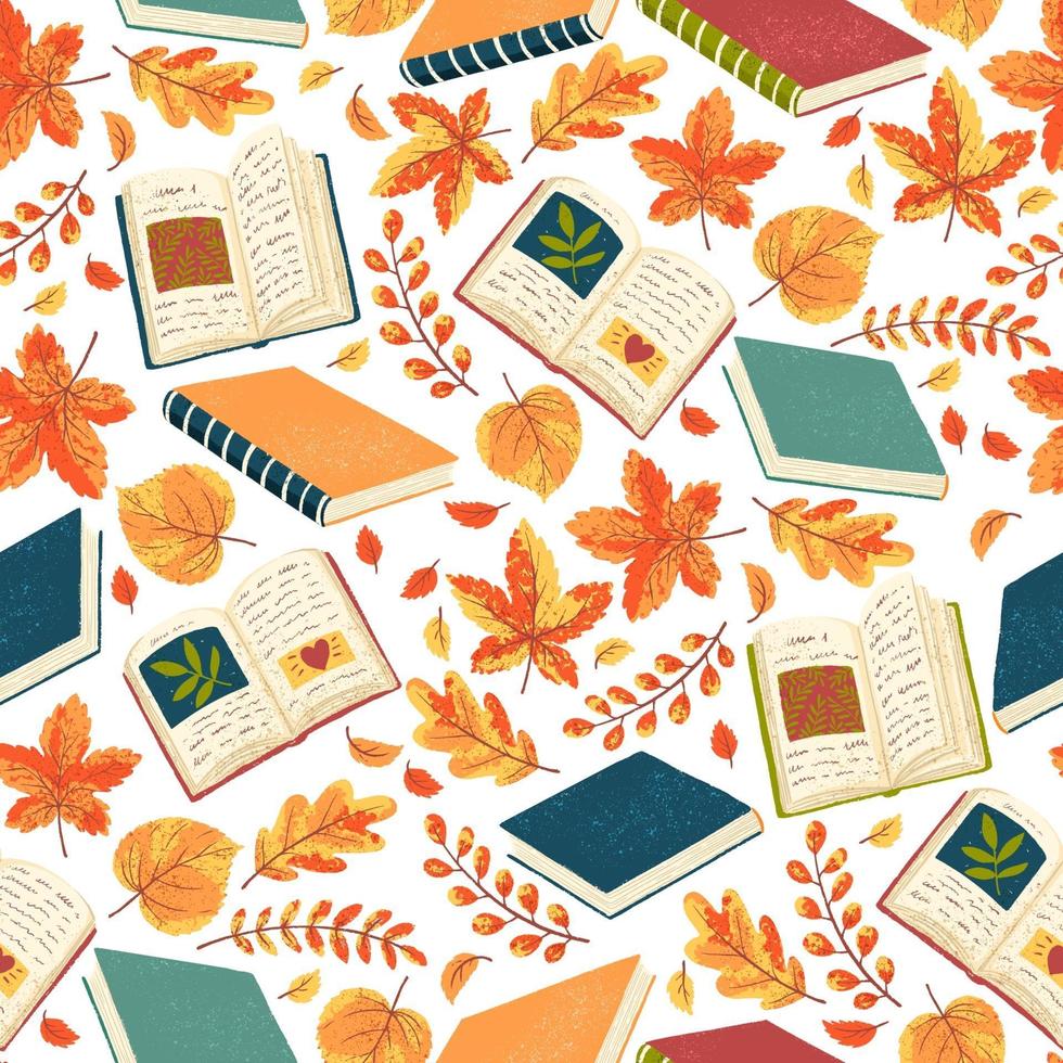 Seamless pattern with books and leaves vector