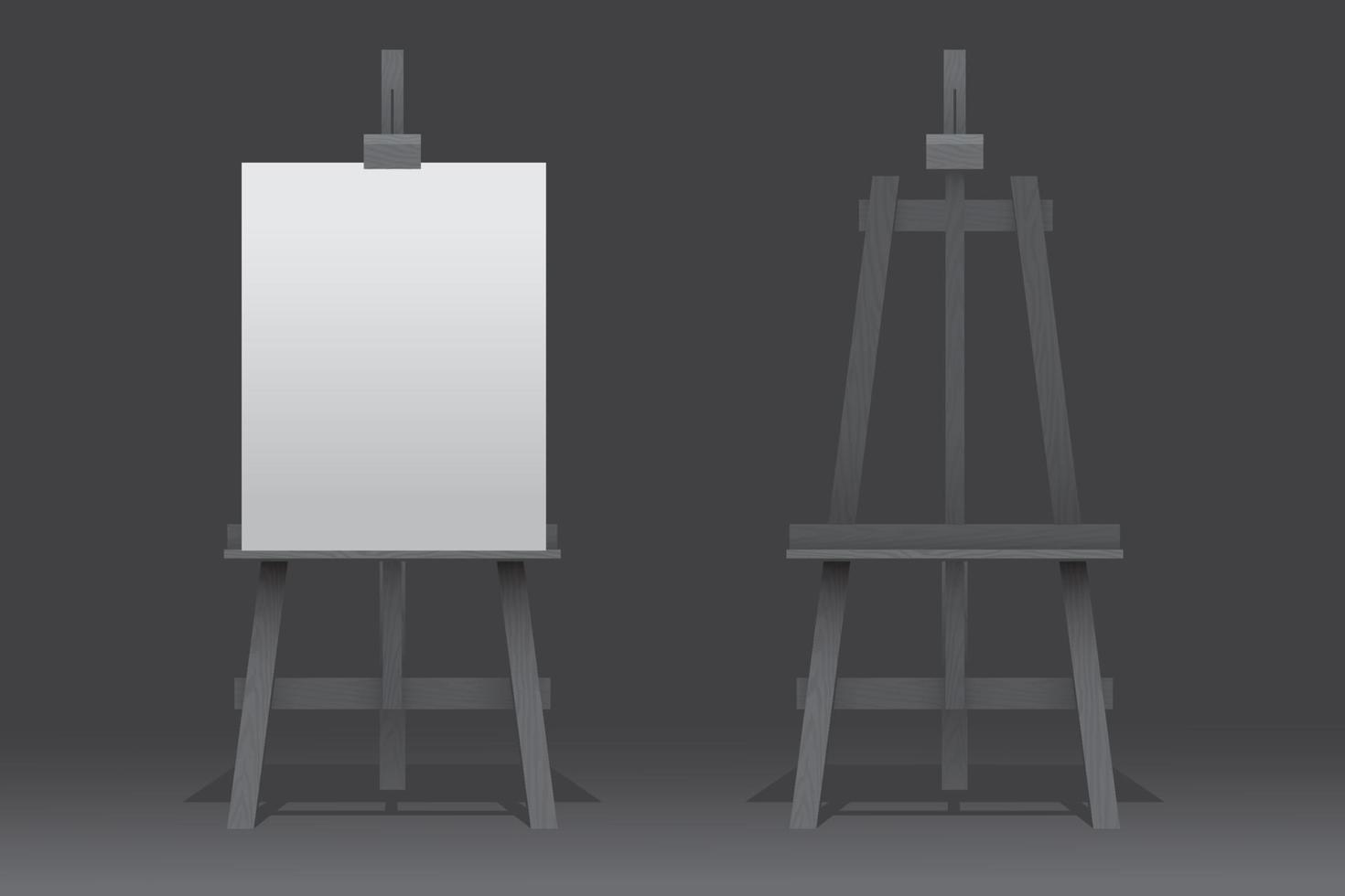 Wooden easels, one stands with blank canvas on black background vector