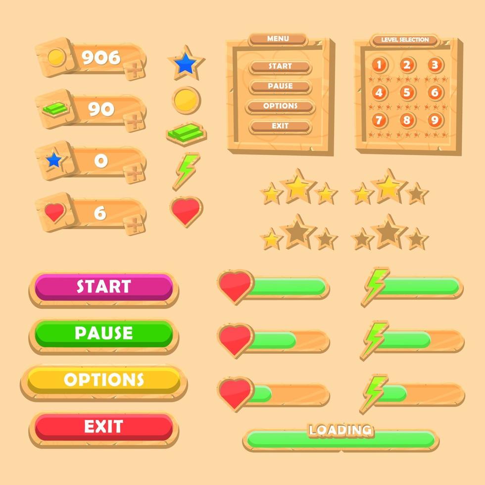 Basic RGBgame ui Wood kit set. user interface, menu, bar, complete set. gui for 2d gui vector illustration