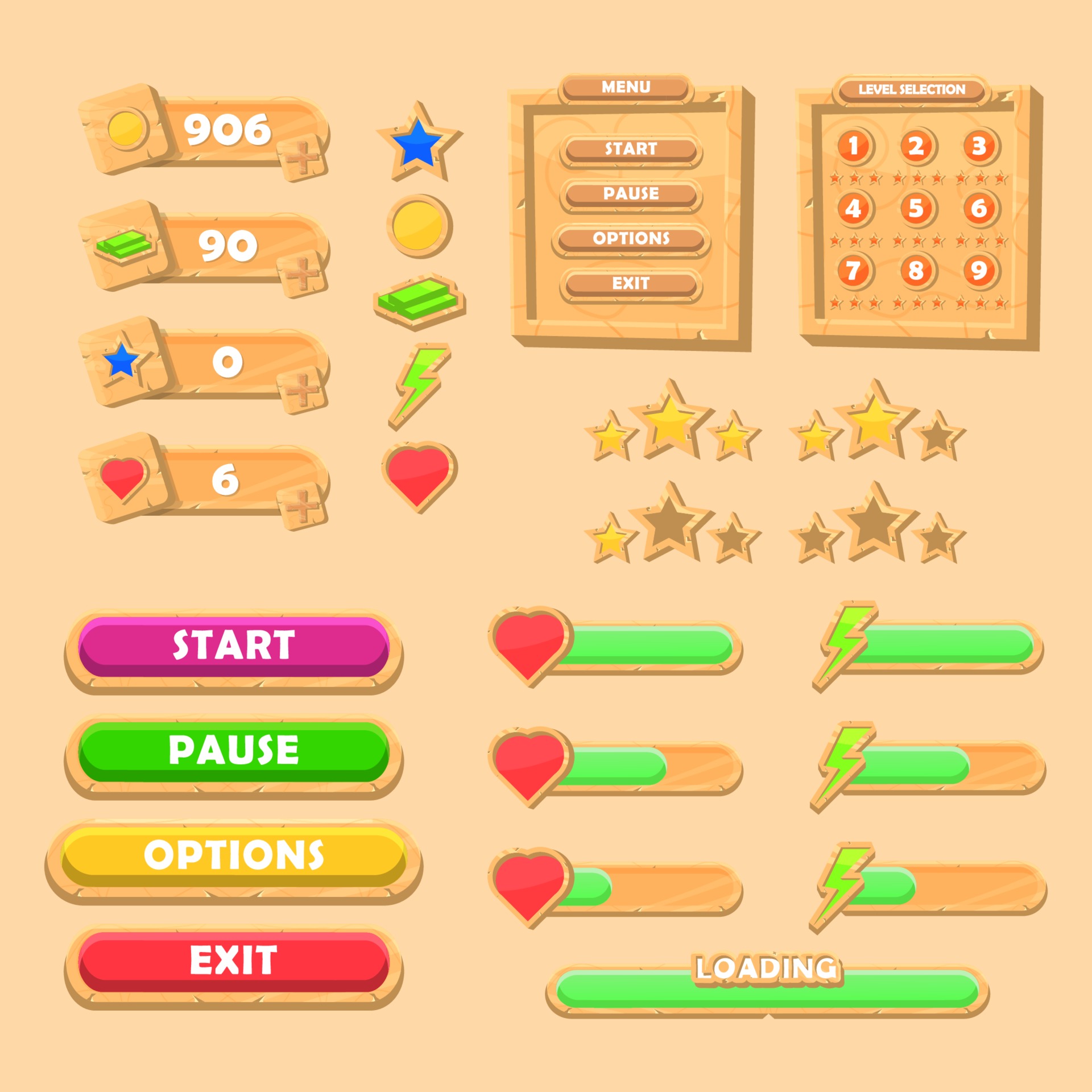 Game Settings Screen. Options And Preferences. Vector Graphical User  Interface UI GUI For 2d Video Games. Wooden Menu, Panels And Buttons For  Menu. Royalty Free SVG, Cliparts, Vectors, and Stock Illustration. Image