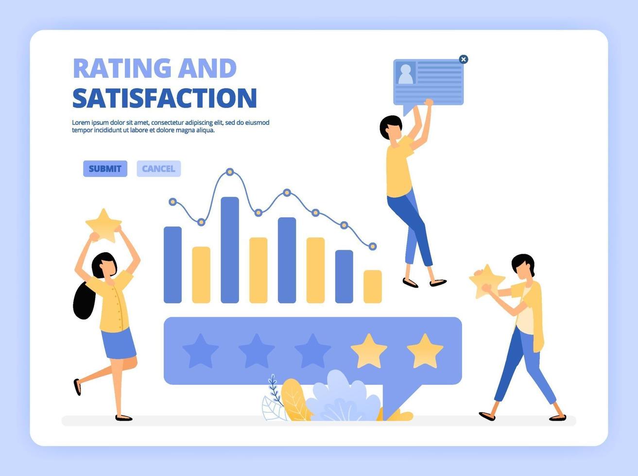 Clients give five star rank. Good review and feedback. Characters use mobile apps. People giving star feedback. Clients choosing satisfaction rating and positive review. Landing page, website, poster vector