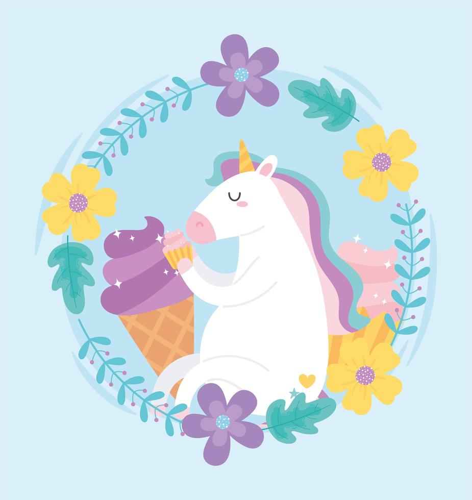 unicornio mágico de dibujos animados lindo con helado y corona de flores vector