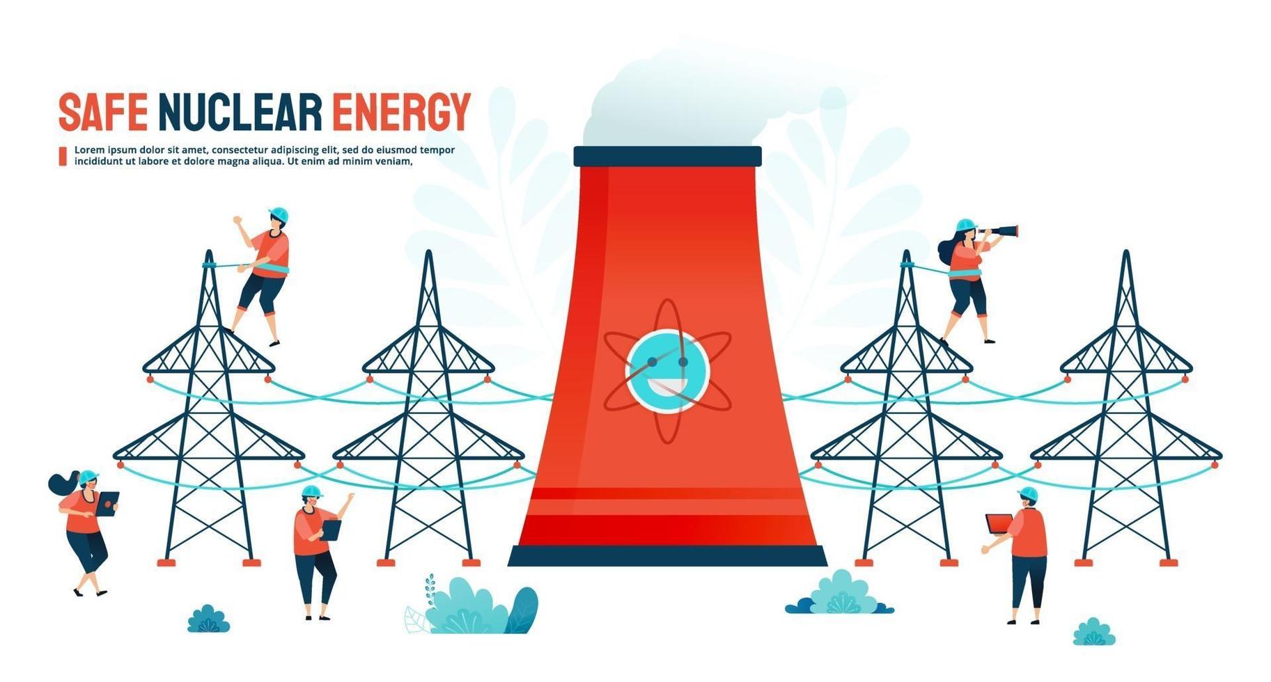 Vector illustration for safe nuclear energy and green modern power resource. Designed for landing page, banner, website, web, poster, mobile apps, homepage, social media, flyer, brochure, ui ux