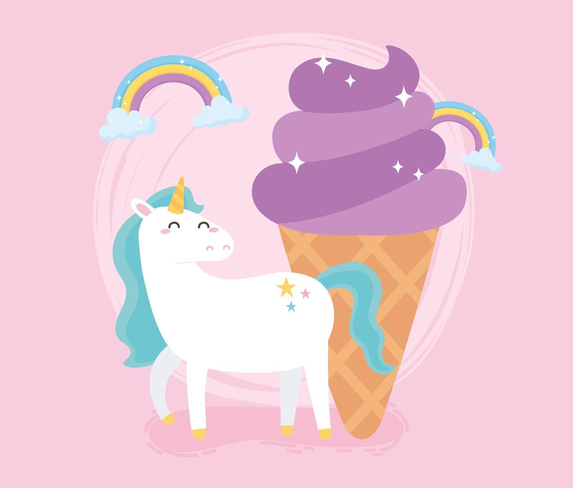 unicornio mágico de dibujos animados lindo con helado vector