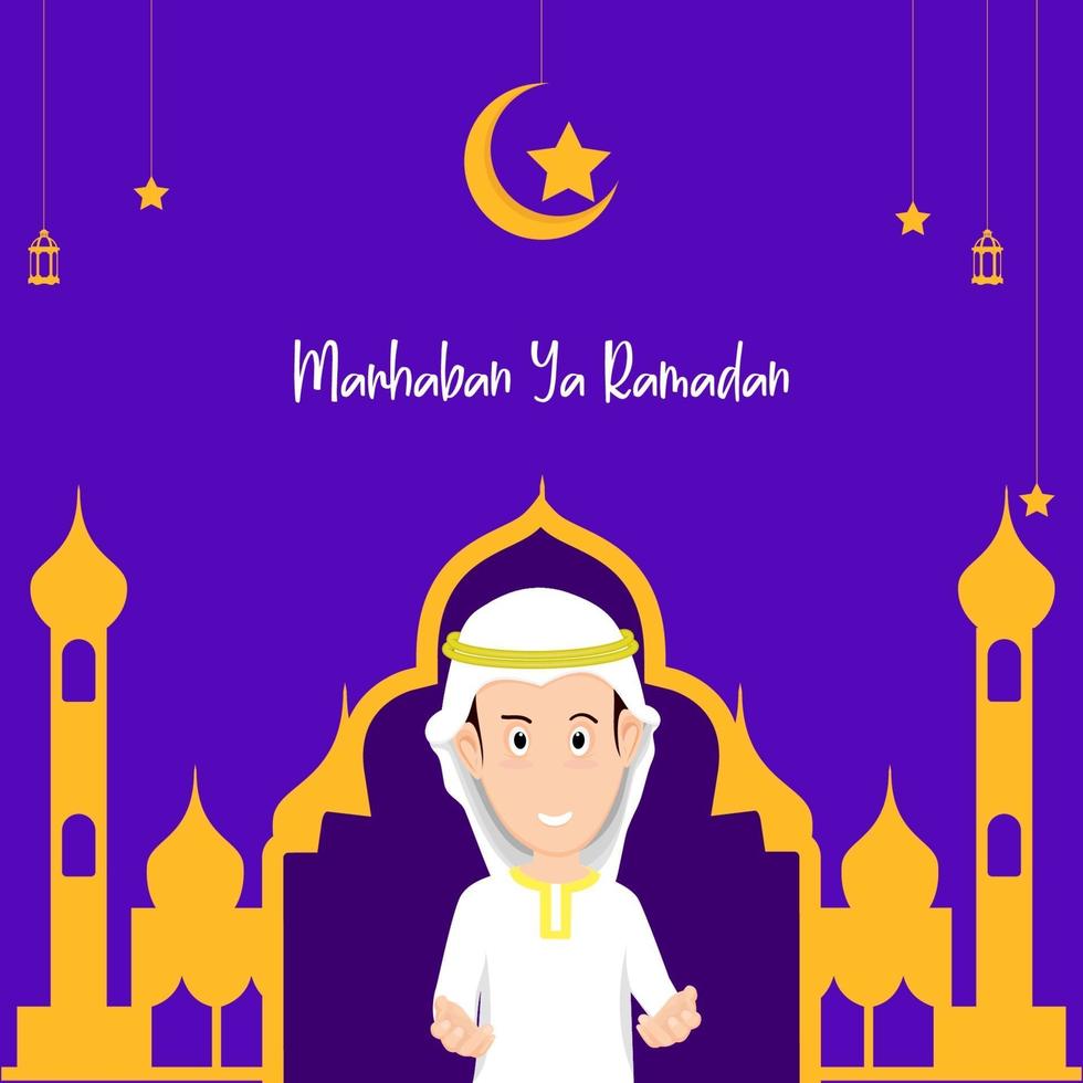 plantilla de banner de inicio de Ramadán. Ilustración vectorial de un hombre levantando la mano para dar la bienvenida al próximo mes de Ramadán. vector