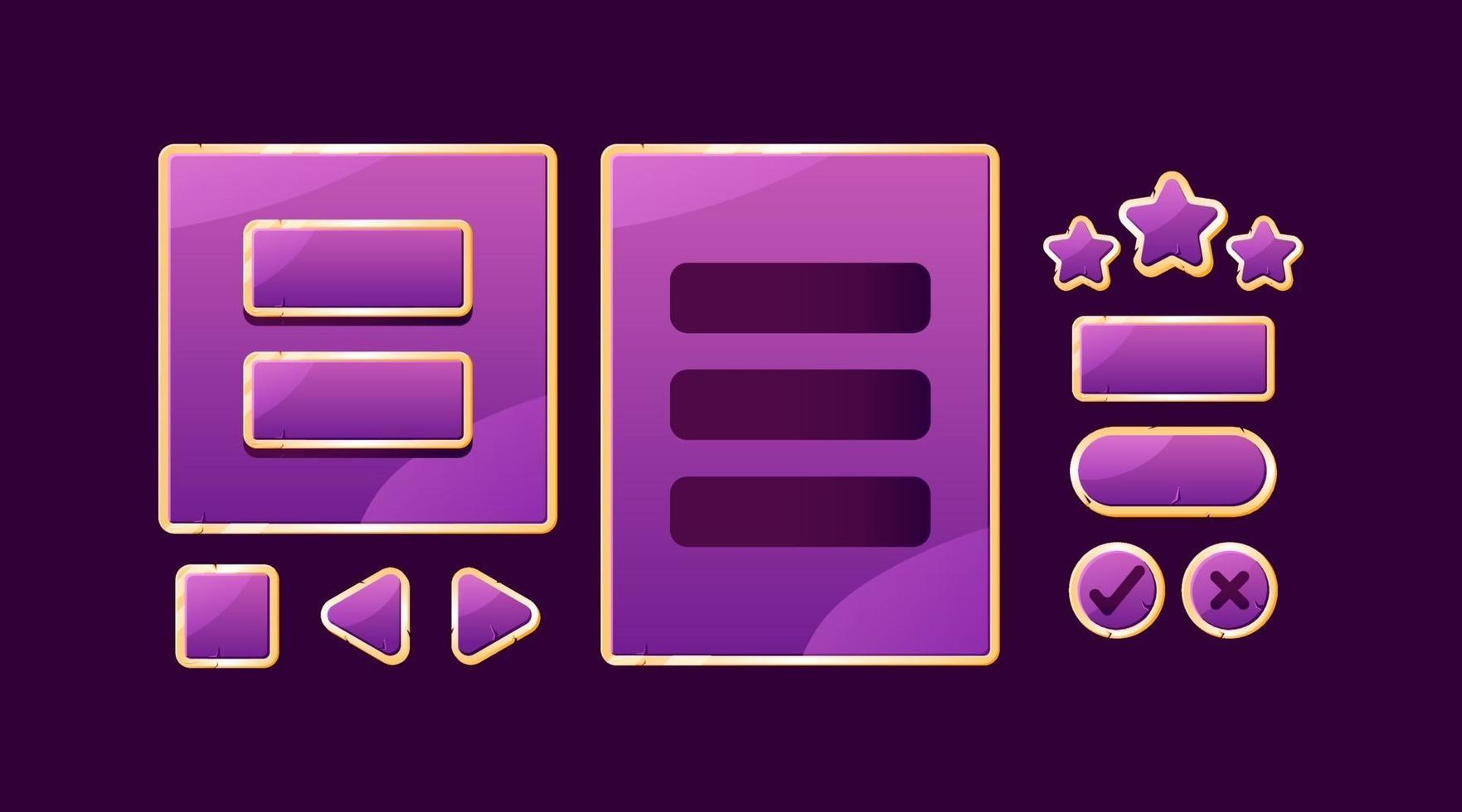 set of golden purple game ui board pop up and button for gui asset elements vector illustration