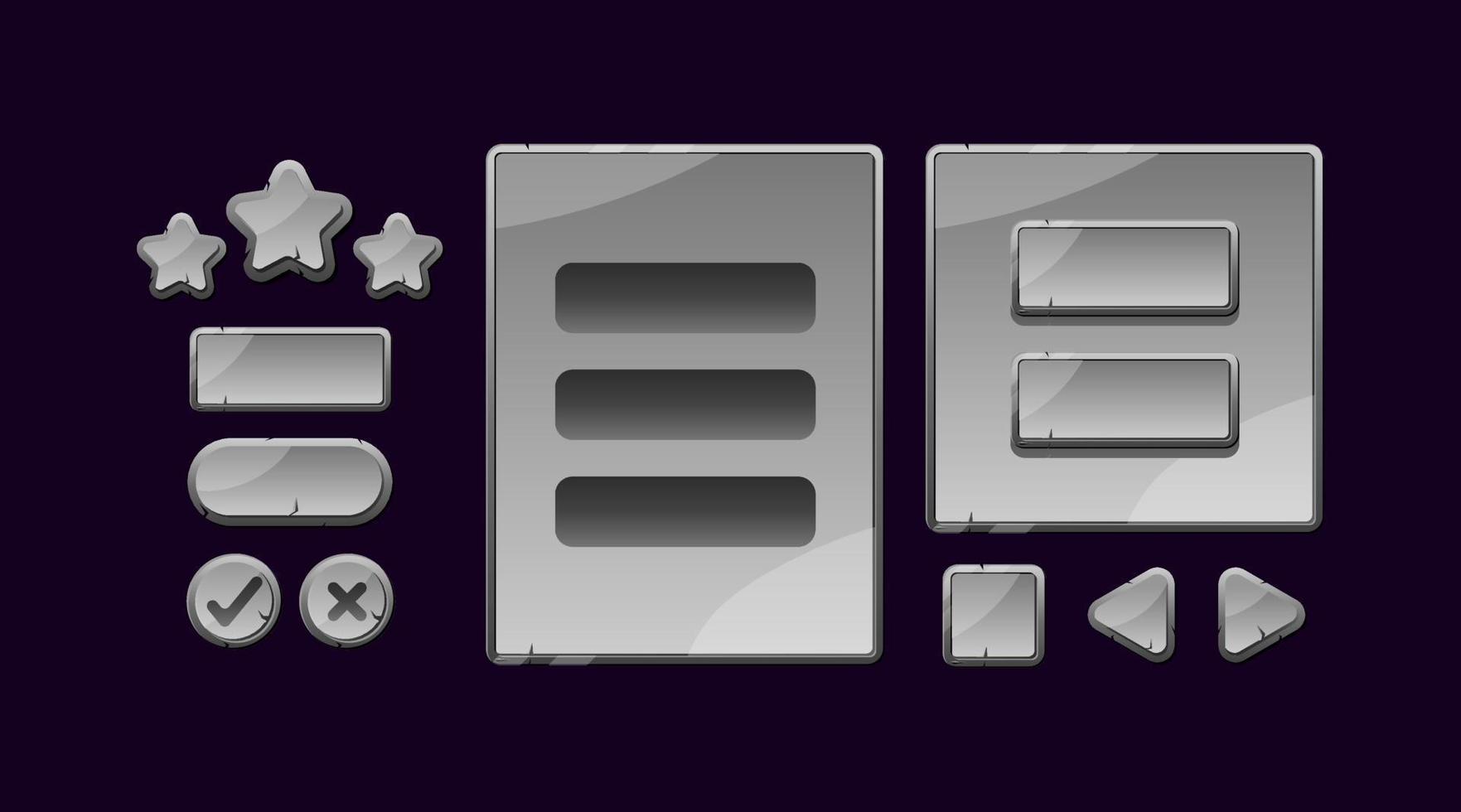 set of stone rock game ui board pop up and button for gui asset elements vector illustration