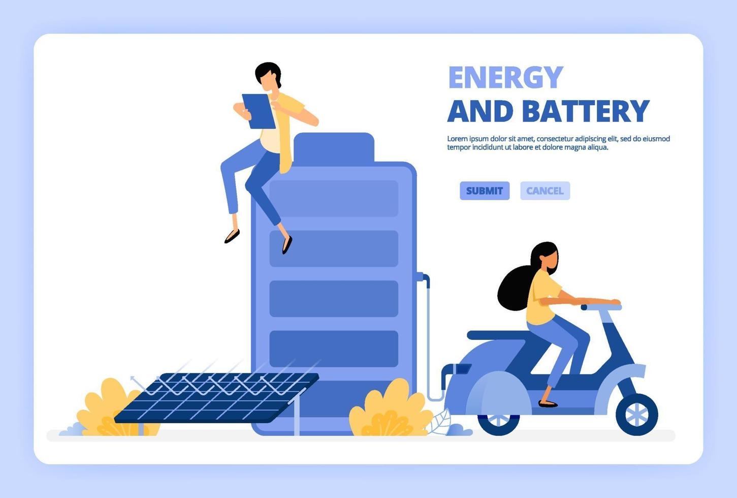 las personas acceden a la energía verde de las baterías de células solares. mujer monta en moto con energía eléctrica verde. diseñado para página de destino, banner, sitio web, web, póster, aplicaciones móviles, página de inicio, volante, folleto vector