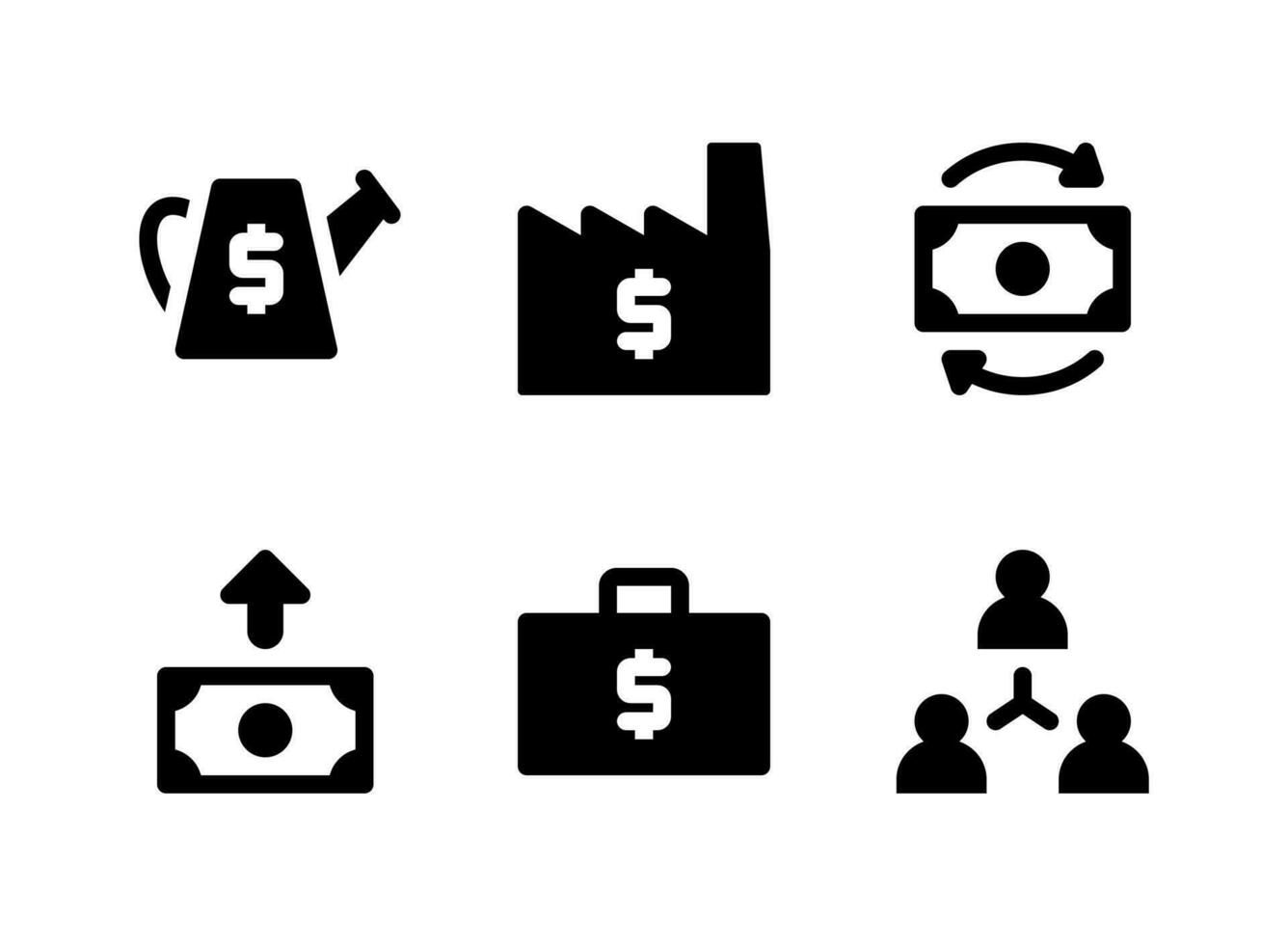 Simple Set of Investment Related Vector Solid Icons. Contains Icons as Watering can, Factory, Cash Flow, Increase and more.