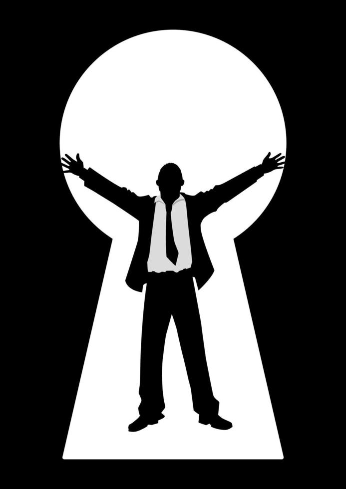 Silhouette illustration of a businessman with open arms seen through from a key hole vector