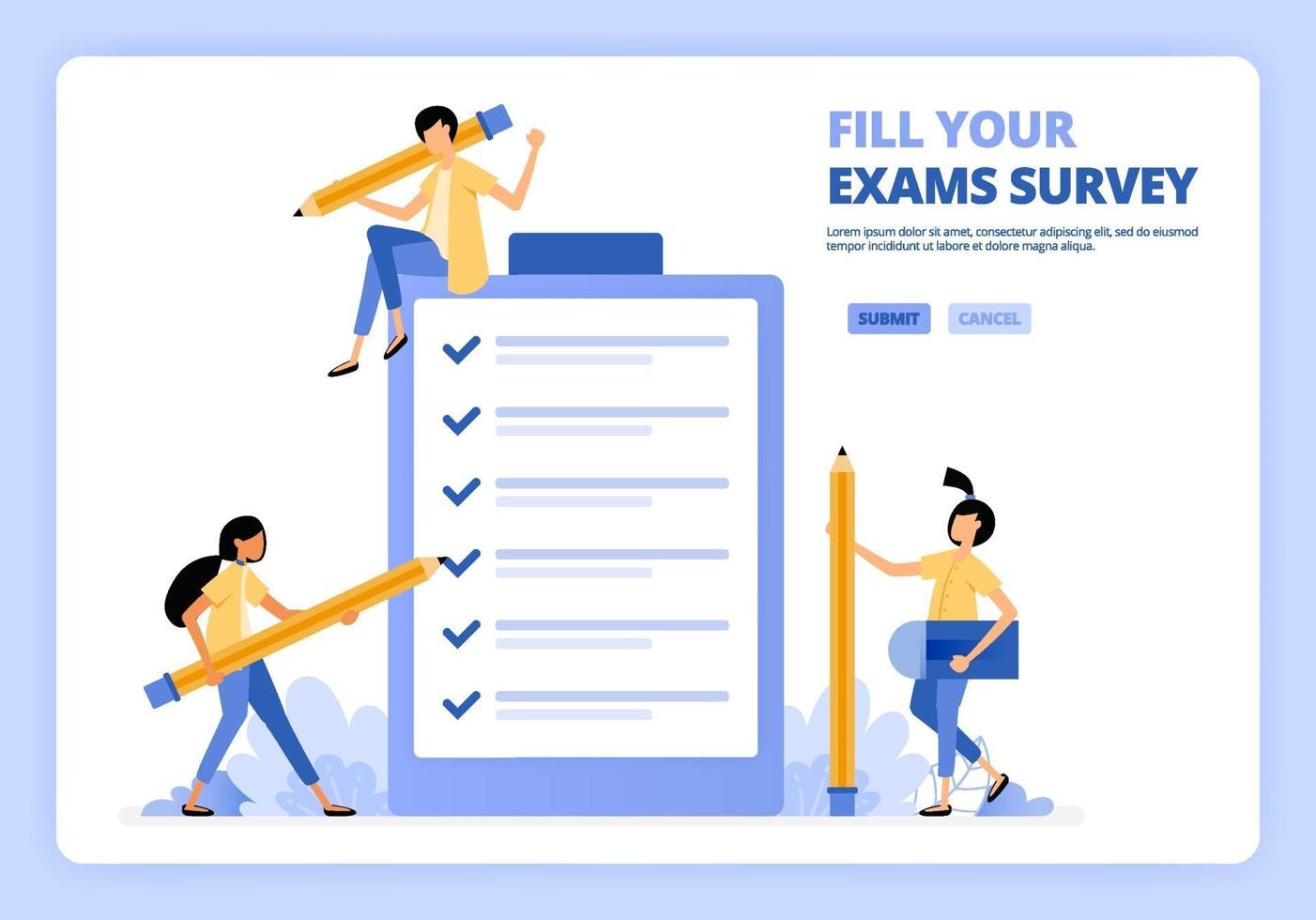 People filling out job application surveys or graduation exams. Users provide feedback with survey. Designed for landing page, banner, website, web, poster, mobile apps, homepage, flyer, brochure vector